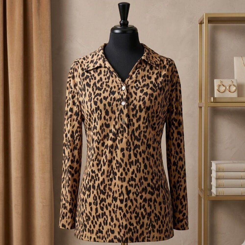 212 Collection Leopard Print Blouse XL Silky Satin Animal Print Top